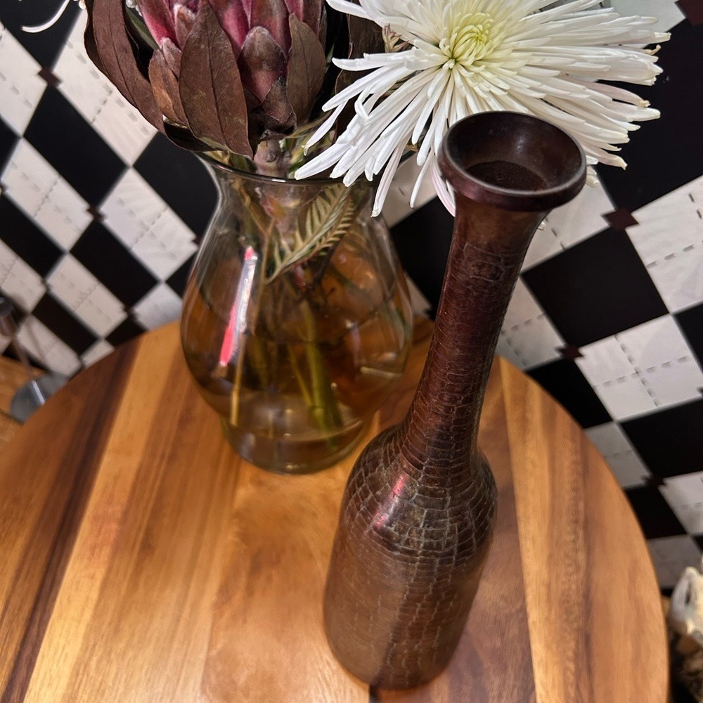 Sculptural Metal Bottle Bud Vase – Croc-Textured Brown Finish| Rustic - Picture 5 of 5